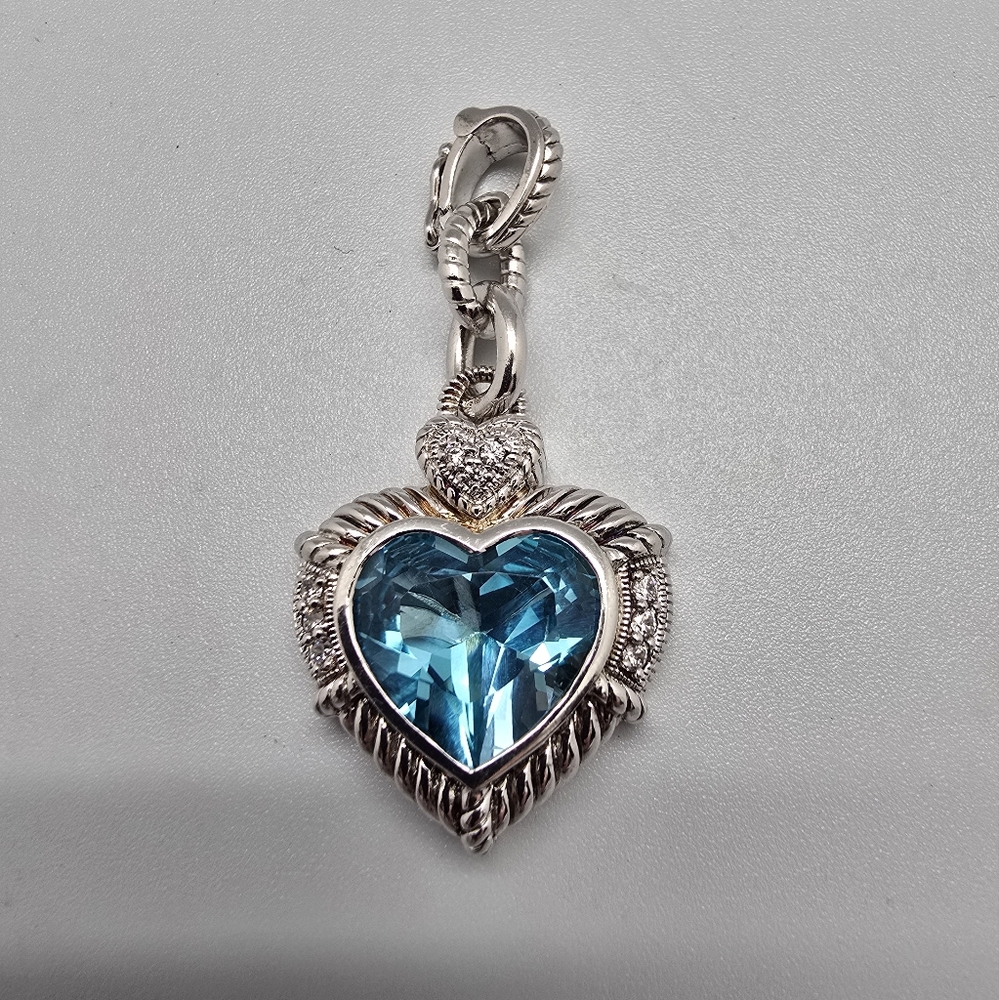 $499 Judith Ripka Blue Topaz CZ accent Sterling Silver Heart Enhancer Pendant
